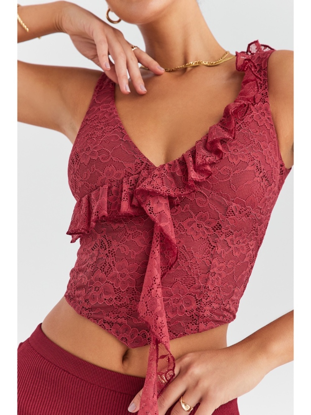 NEW House of CB Mistress Rocks Sangria Lace Frill Top Large+ (XL)